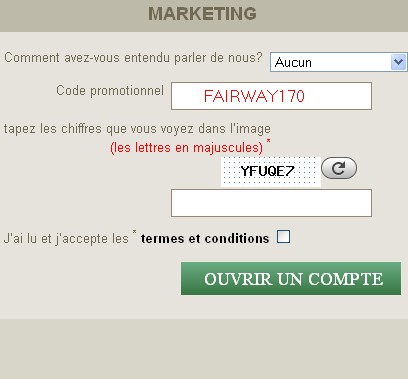 Code Bonus sur le formulaire inscription de Fairway Casino