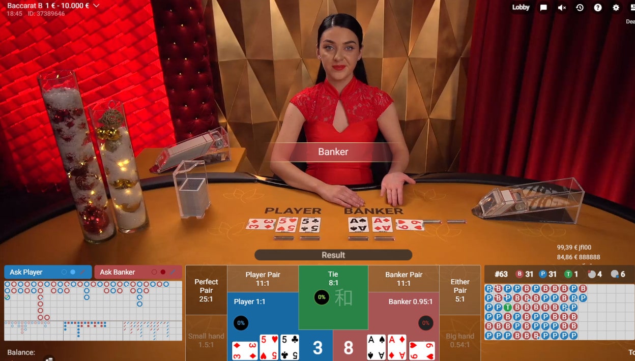 Croupière à une table de baccarat en live de Pragmatic Play Live Casino