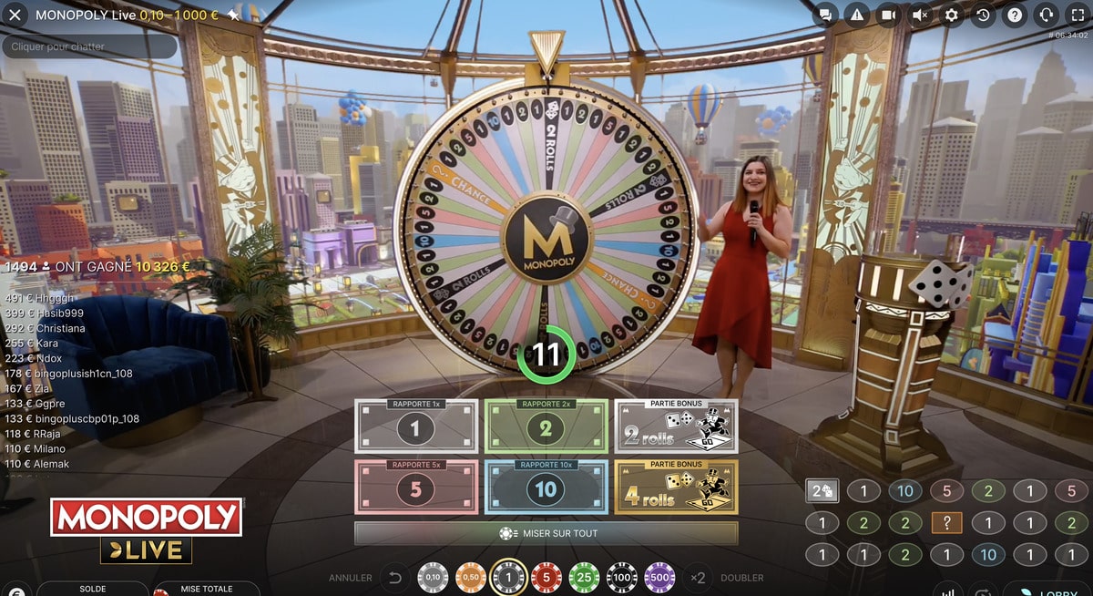 Roue de la Fortune Monopoly avec croupier en live